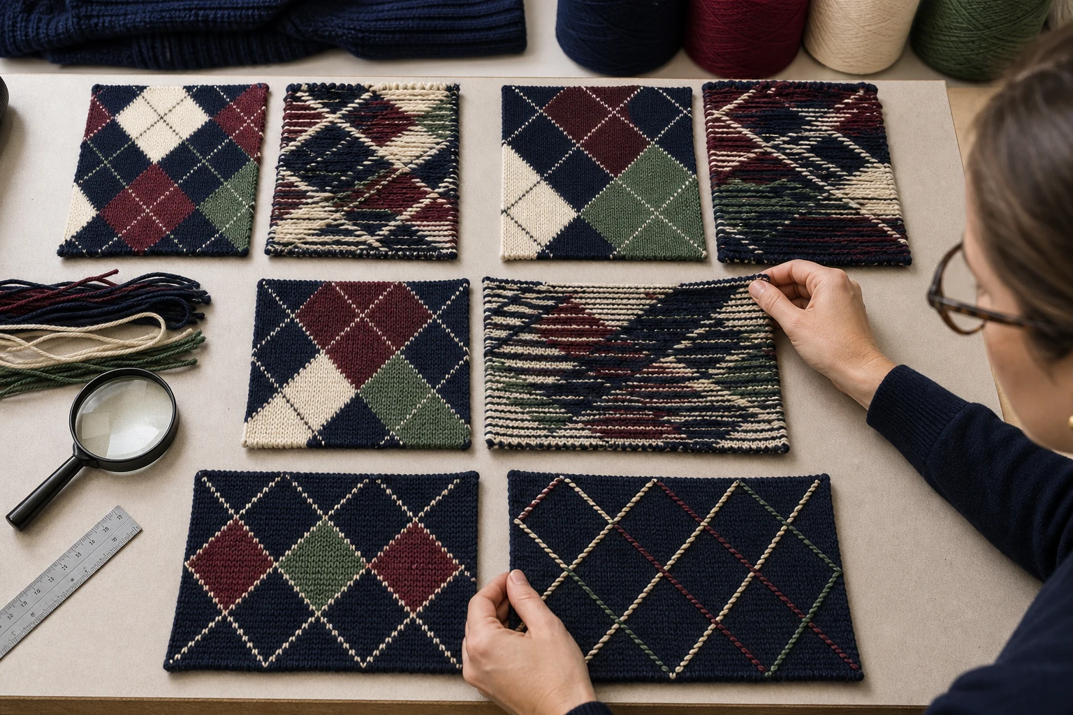 Technician comparing face and reverse sides of intarsia jacquard and embroidered argyle knit panels