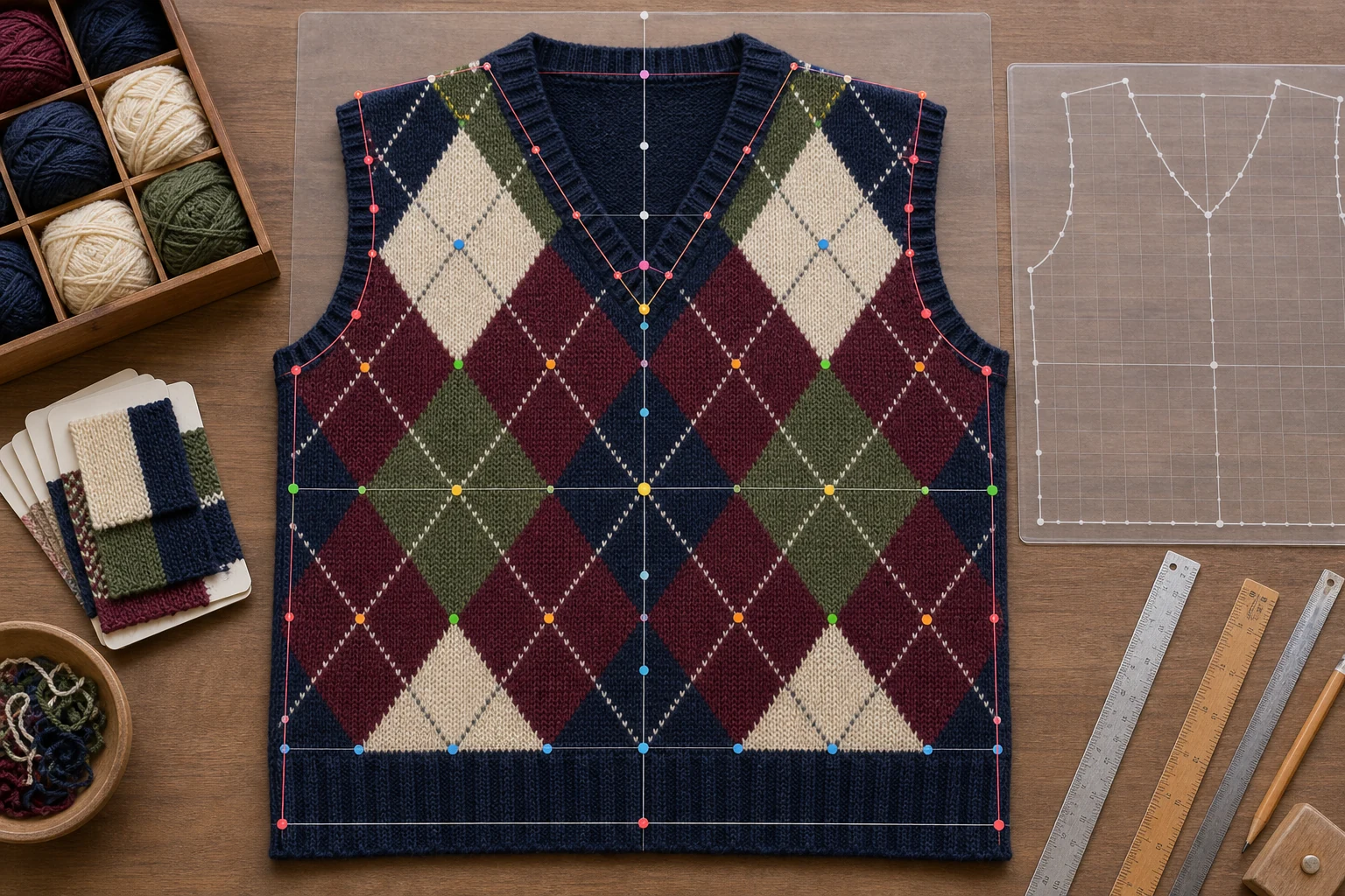 Argyle vest front panel with centre line V point hem and diamond landmark overlays