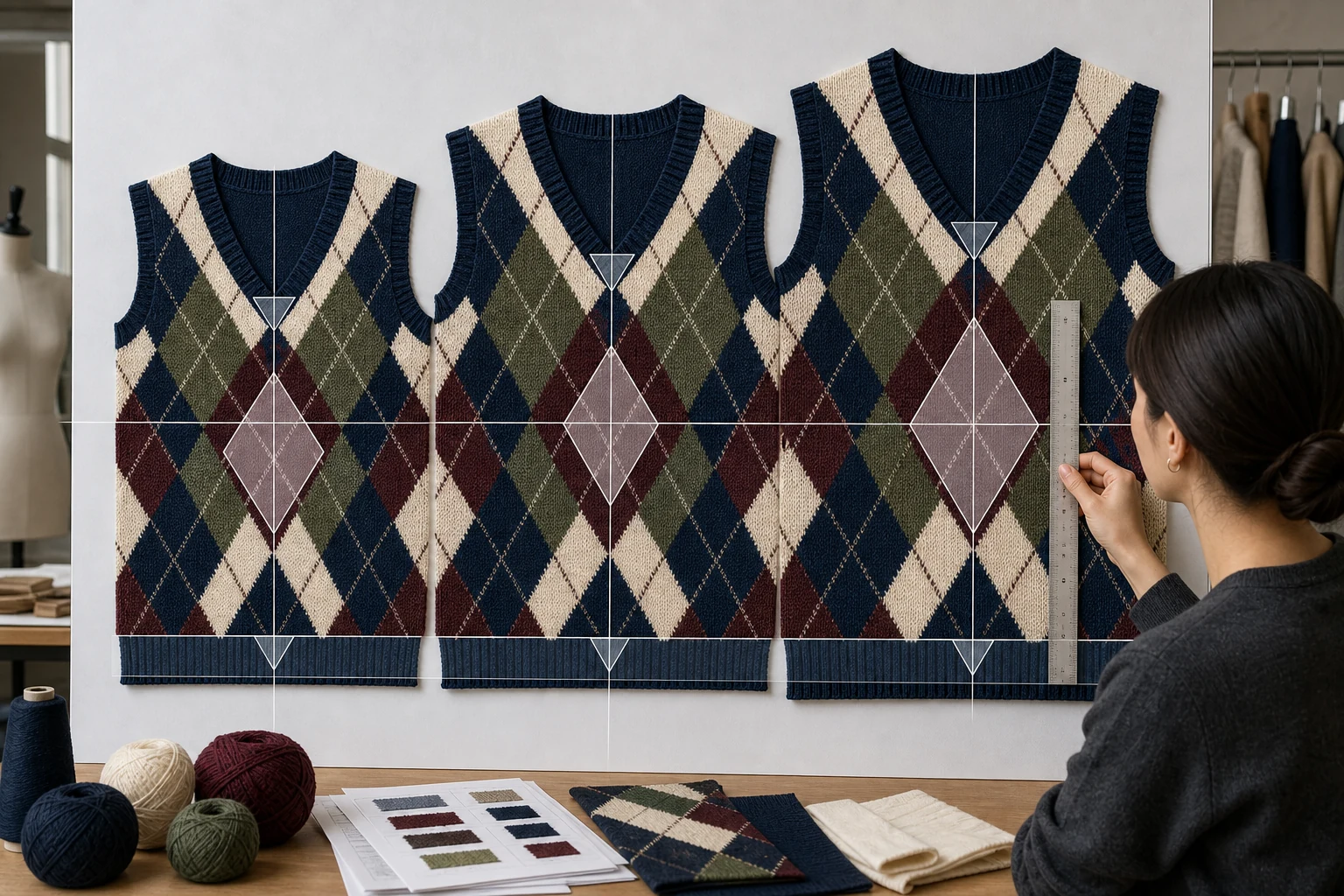 Lower base and upper size argyle vest panels aligned by centre motif neckline and hem landmarks