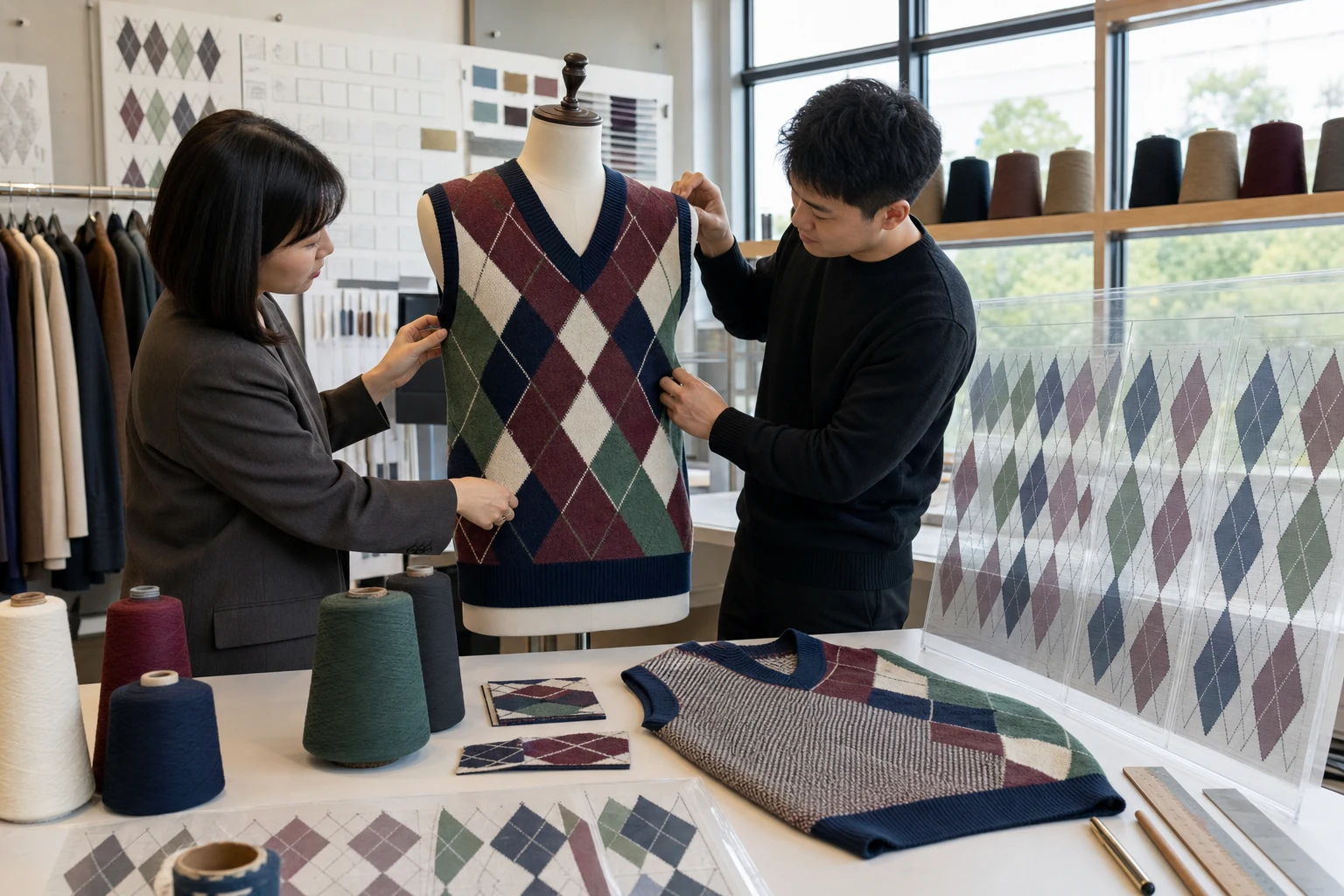 Buyer and knitwear technician reviewing argyle sweater vest chart placement size panels and reverse construction