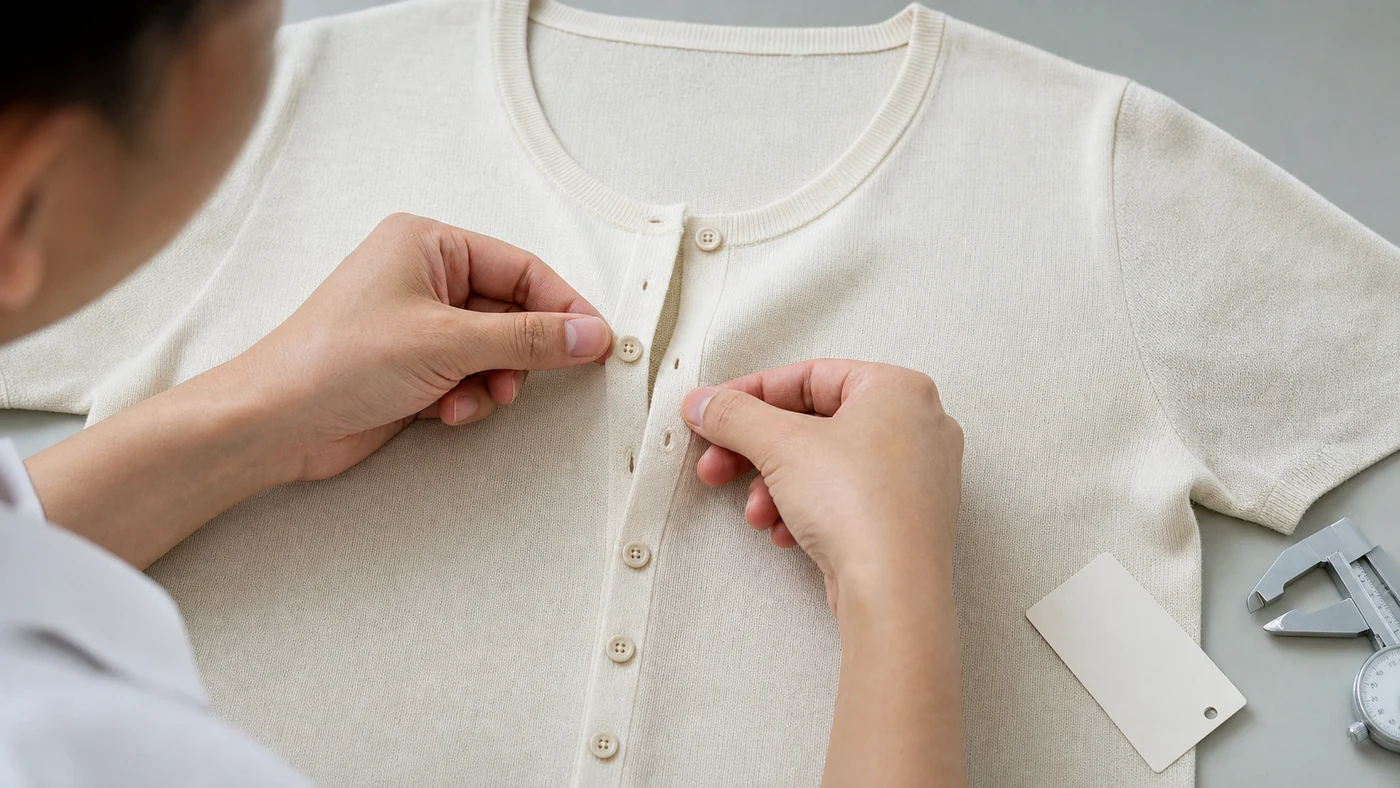 Technician checking button spacing, buttonholes and front placket alignment on a lightweight cardigan