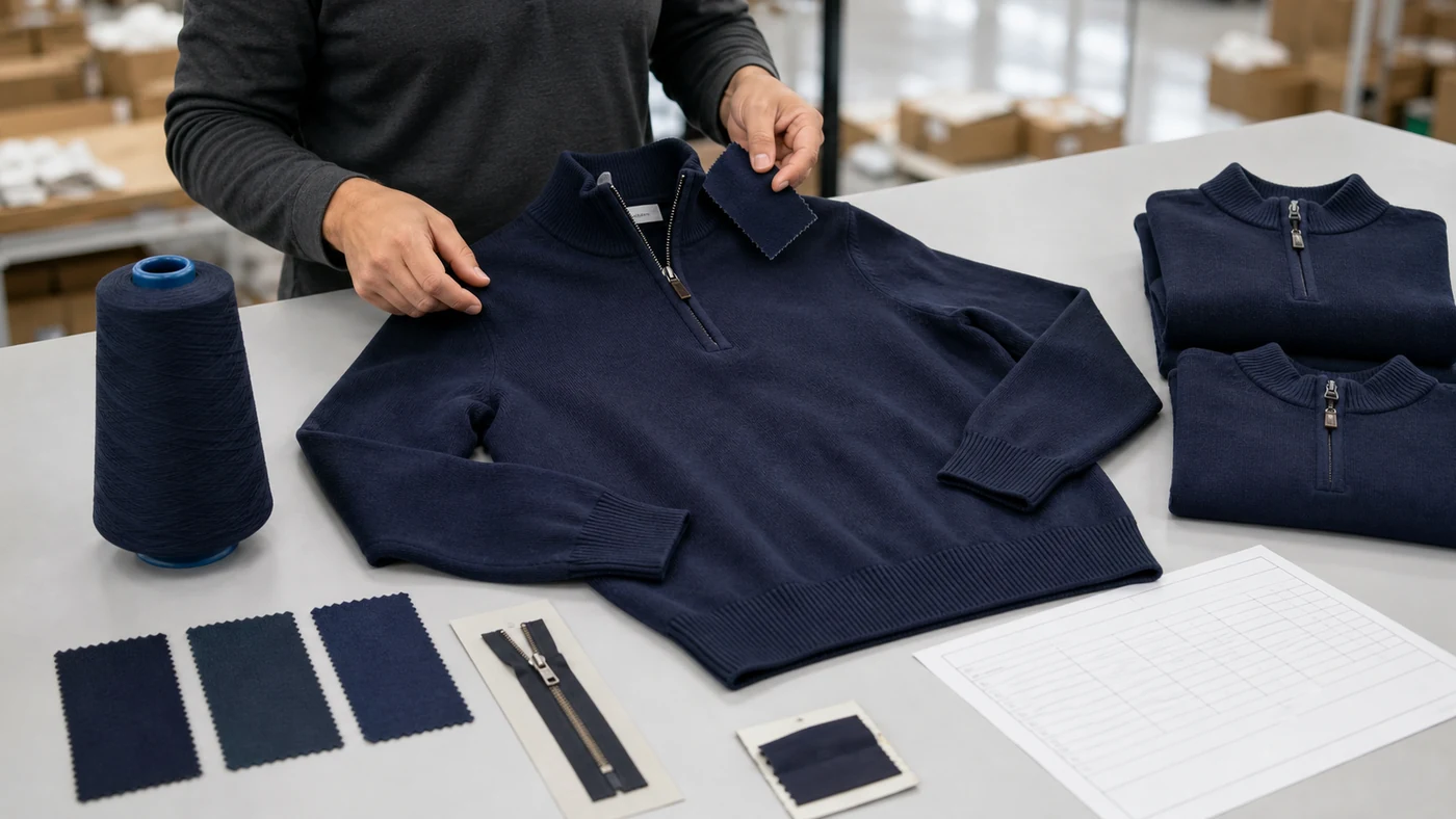 Approved cotton quarter zip sample with yarn, shade swatches, zipper trim and measurement sheet