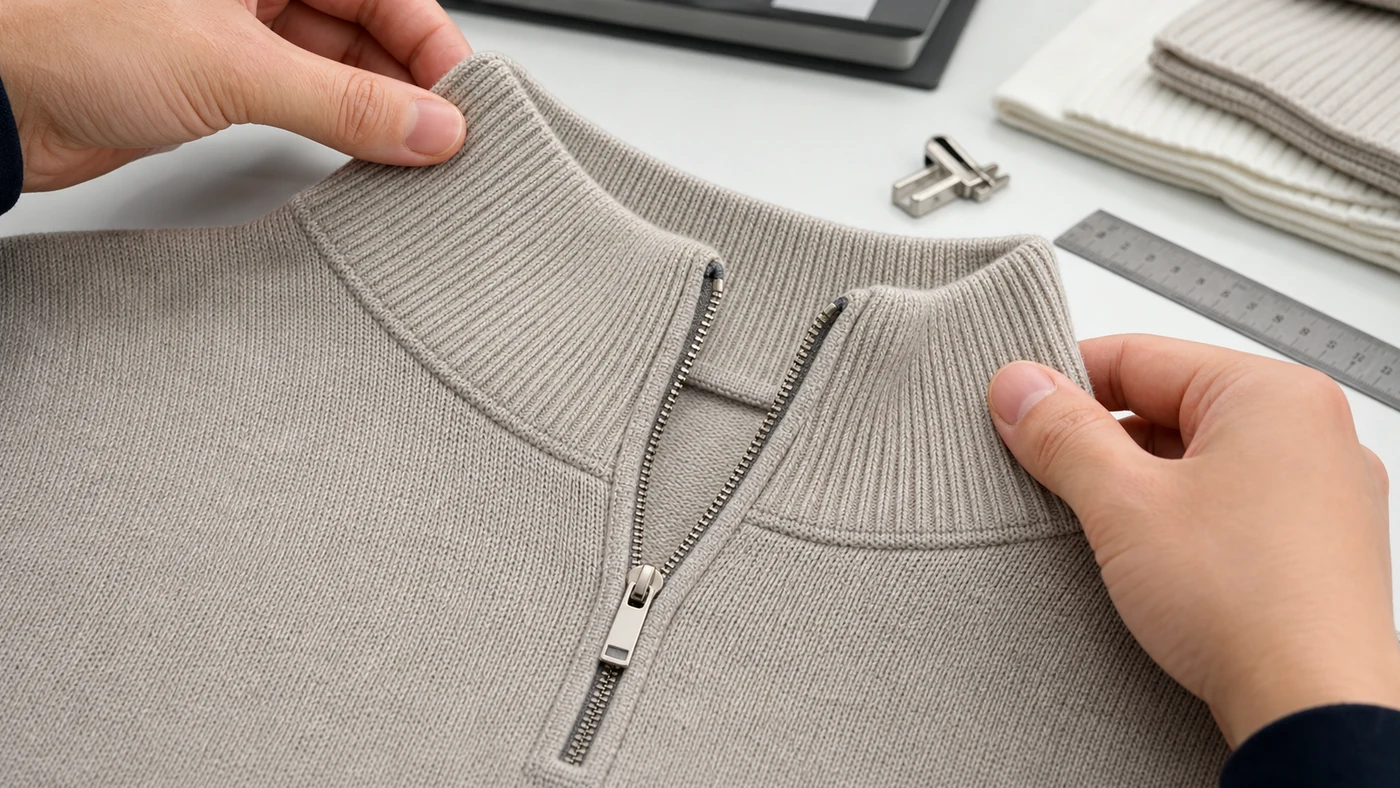 Technician inspecting the rib collar and zipper construction of a cotton quarter zip sweater