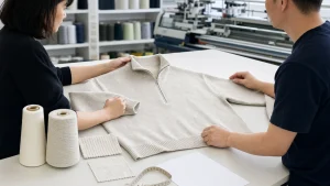 Buyer and knitwear technician reviewing a cotton quarter zip sweater sample with yarn and swatches