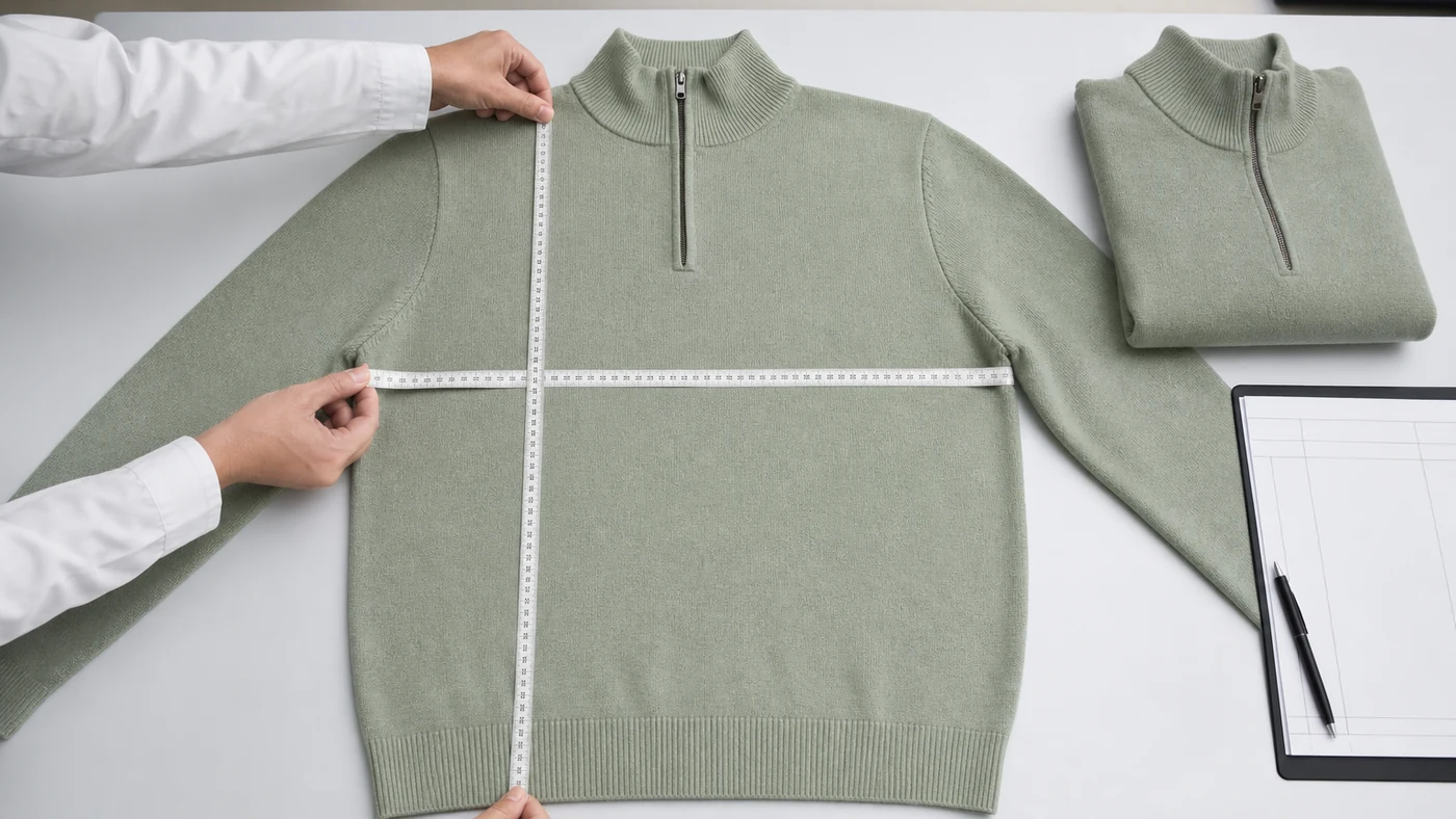 Quality technician measuring a cotton quarter zip sweater for wash stability