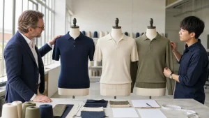 Buyer and knitwear technician reviewing three cotton sweater polo samples with yarn, collar swatches and specifications