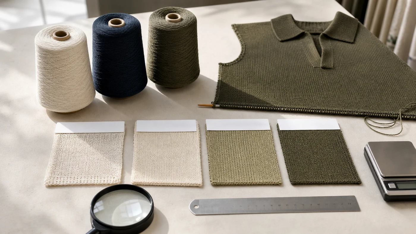 Cotton yarn cones and knitted polo swatches compared for gauge, density, opacity and finished weight