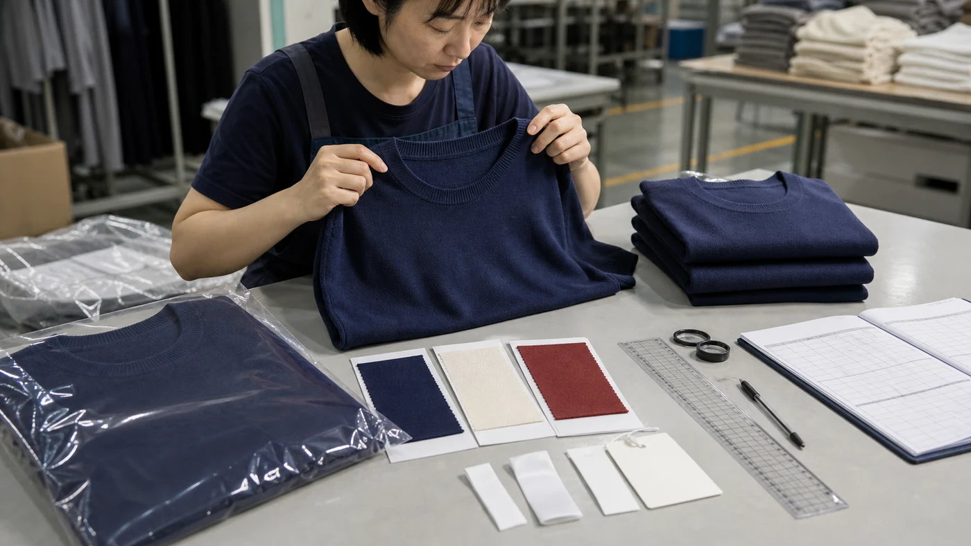 Quality technician comparing a short sleeve cotton sweater with approved shade, label and inspection references