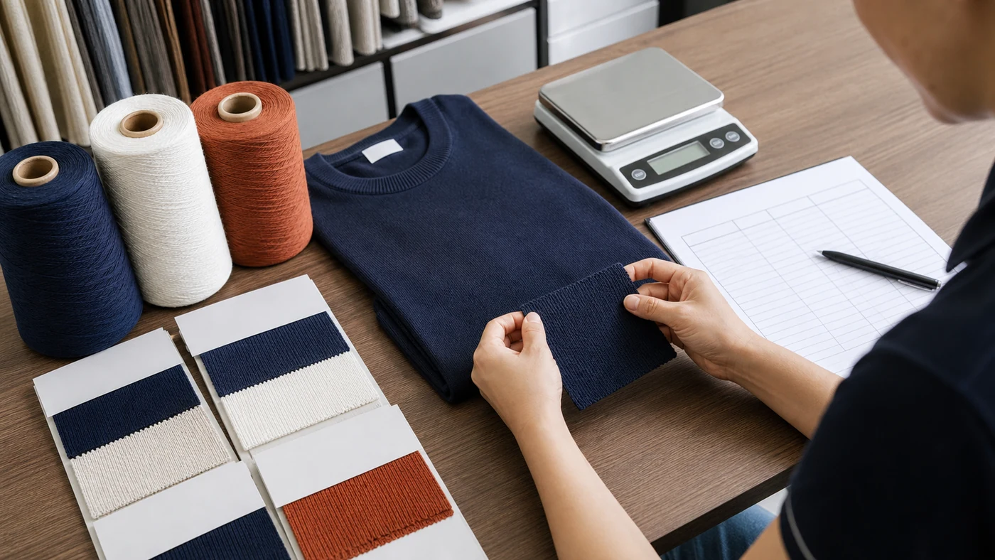 Cotton yarn cones, gauge swatches, a short sleeve sweater and garment weight records under review