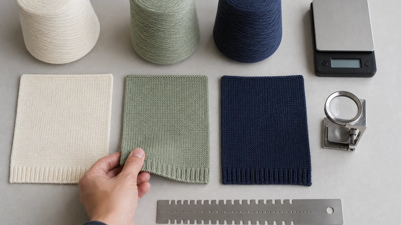 Cotton yarn cones and knitted swatches being compared for gauge, texture and garment weight