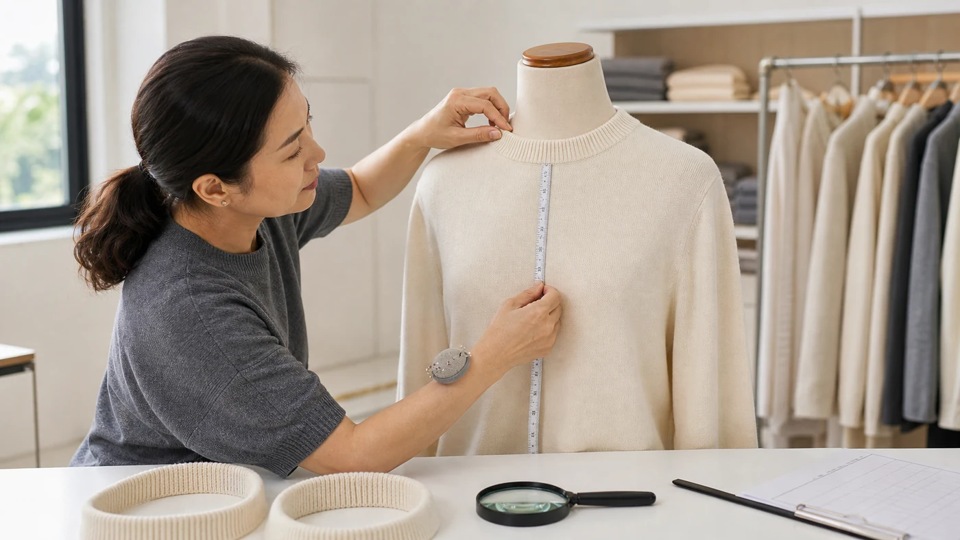Technician checking neck opening, rib depth, recovery and linked join on a cream pullover sweater