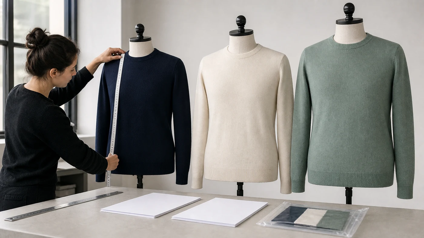 Three crew neck pullover sizes aligned for neckline, shoulder, chest, sleeve and body measurement review
