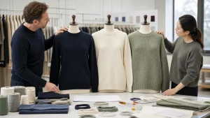 Buyer and knitwear technician reviewing three crew neck pullover samples with yarn, neckline references and specifications