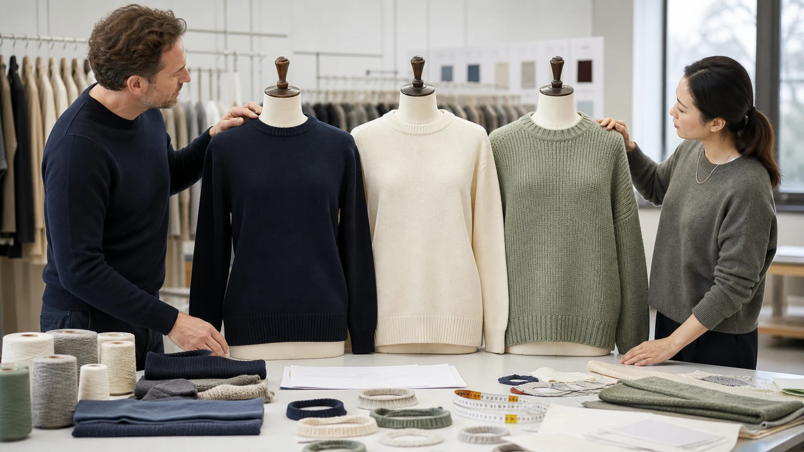 Buyer and knitwear technician reviewing three crew neck pullover samples with yarn, neckline references and specifications