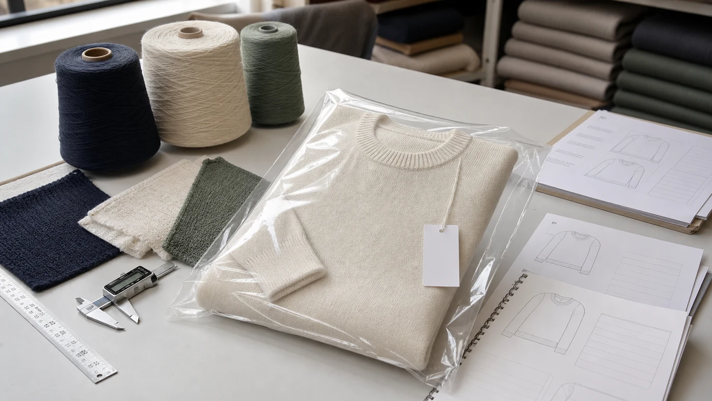 Sealed crew neck pullover sample with yarn, color standards, revision notes and PP control documents