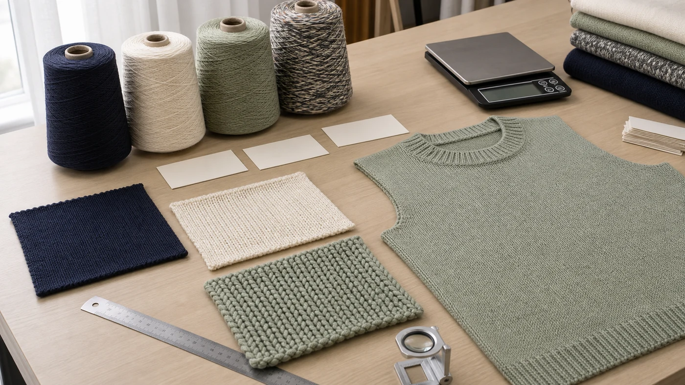 Yarn cones and crew neck knit swatches compared for gauge, density, opacity and finished weight