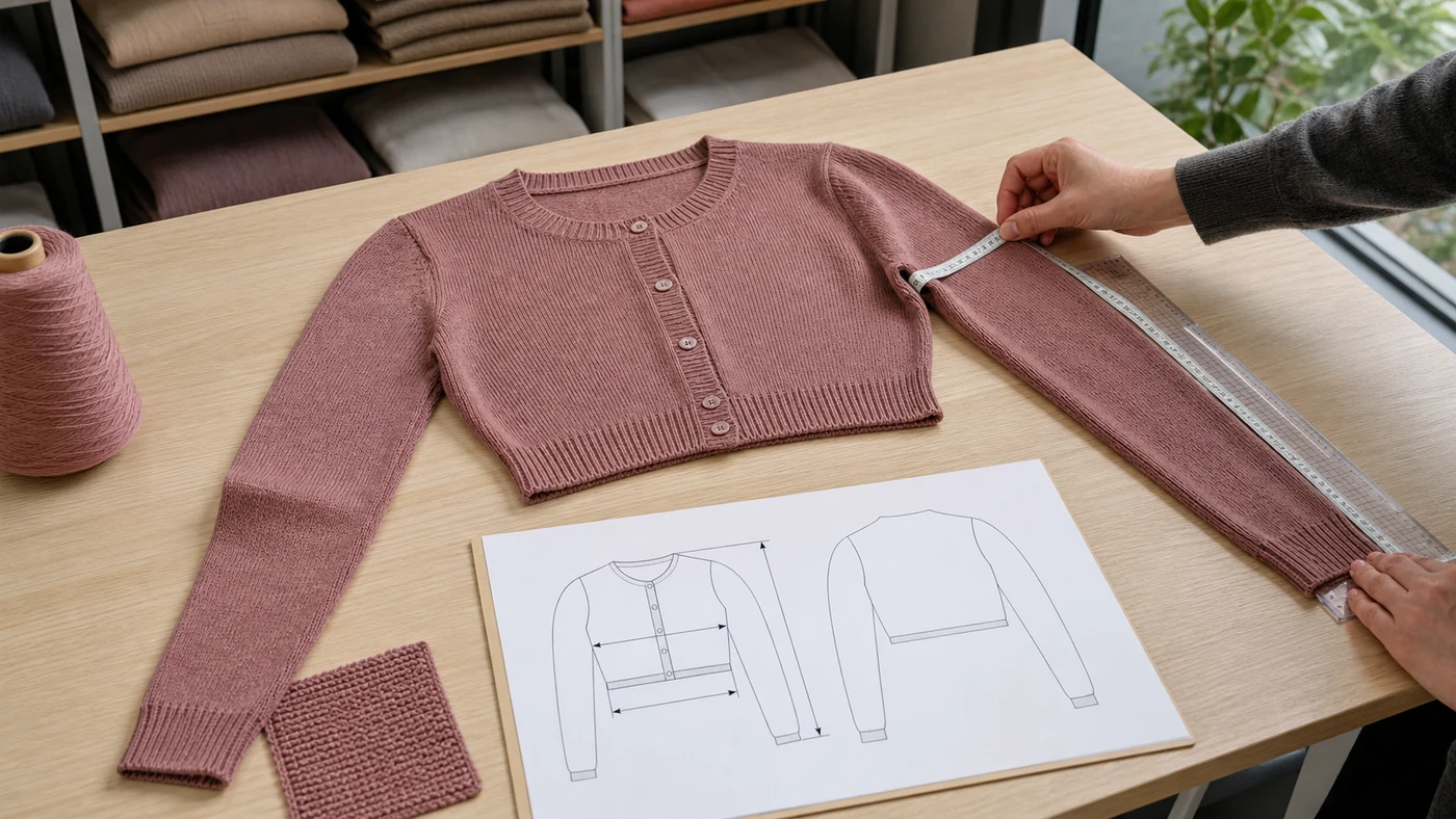 Technician measuring armhole, bicep, sleeve length and cuff on a cropped cardigan