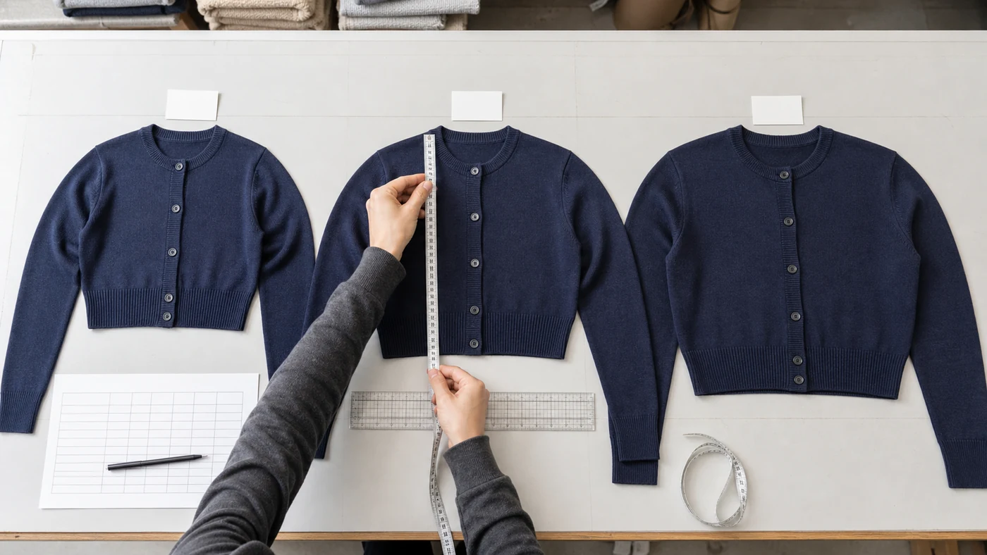 Three cropped cardigan sizes aligned for body length, chest width and rib depth measurement
