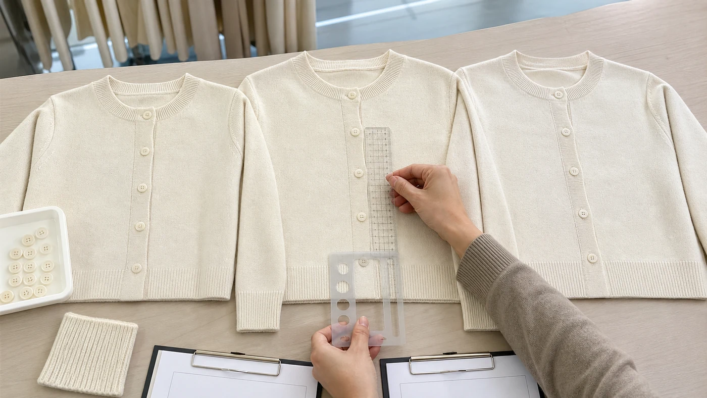 Buttoned cropped cardigan size samples checked for placket length, spacing and hem alignment