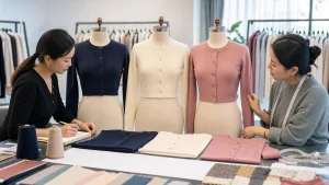 Private label buyer and knitwear technician reviewing three cropped cardigan sizes with a graded measurement chart