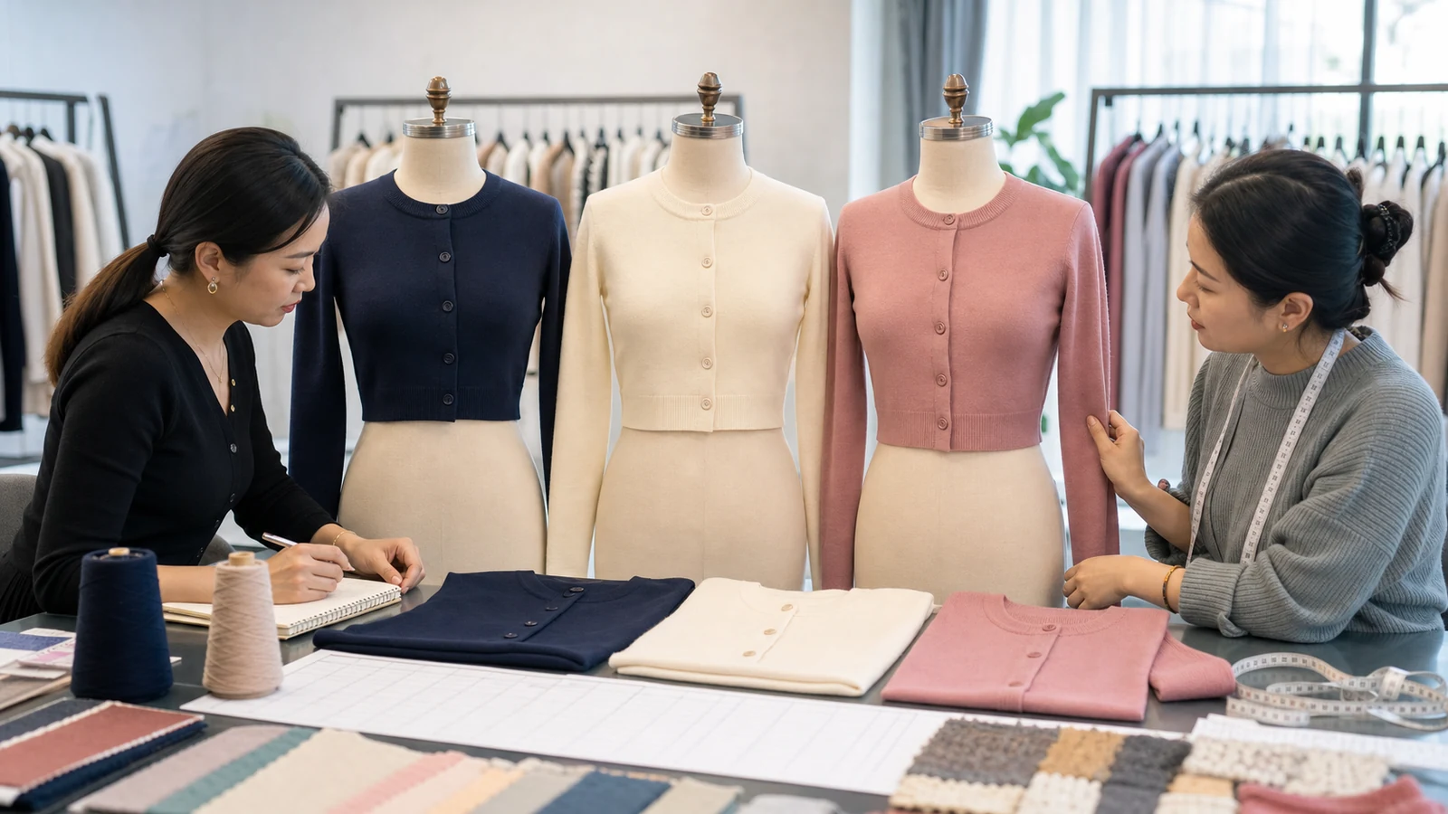 Private label buyer and knitwear technician reviewing three cropped cardigan sizes with a graded measurement chart
