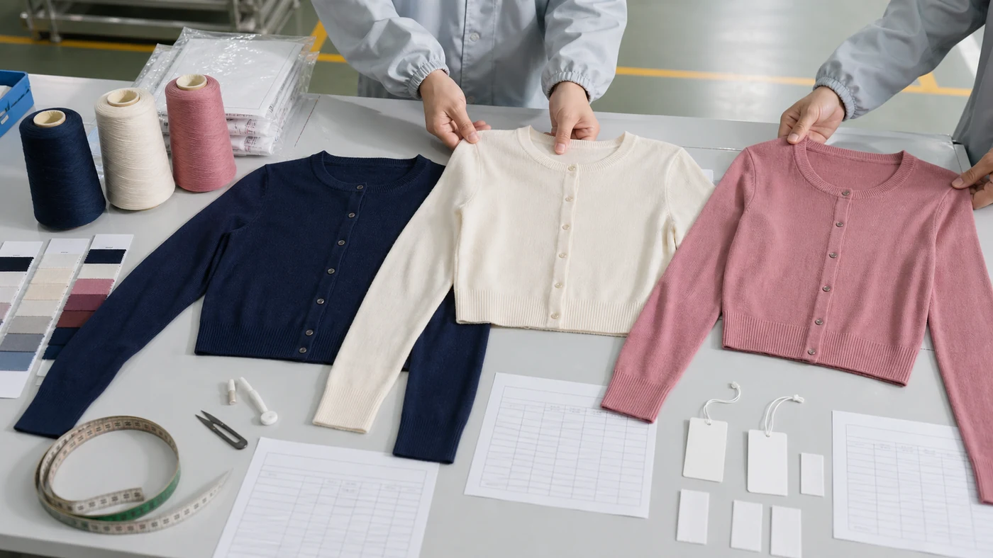 Lower, base and upper cropped cardigan samples with yarn, wash and graded measurement approval records
