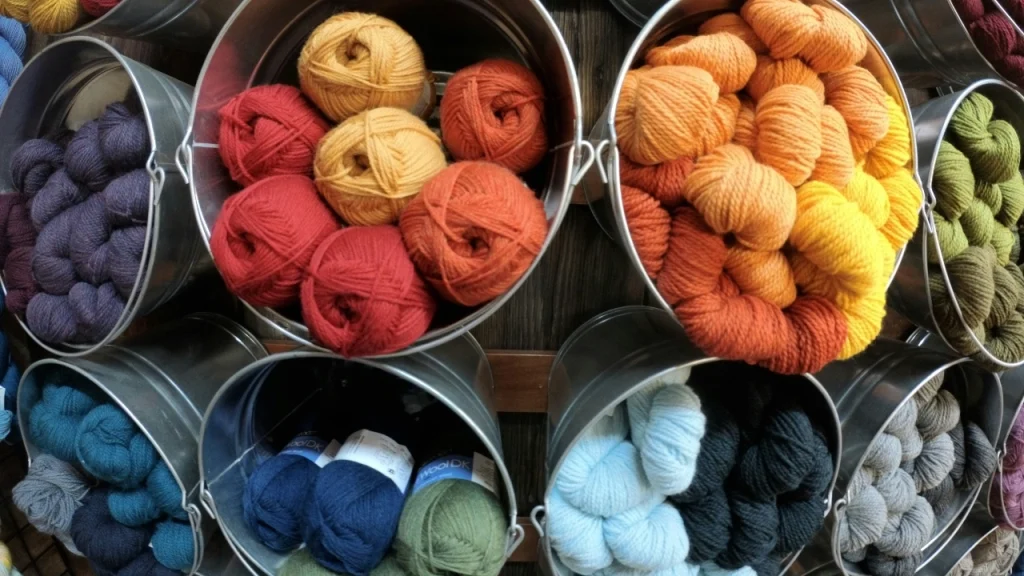 Yarn balls stored in metal buckets for Dye Lot color grouping and inventory control.