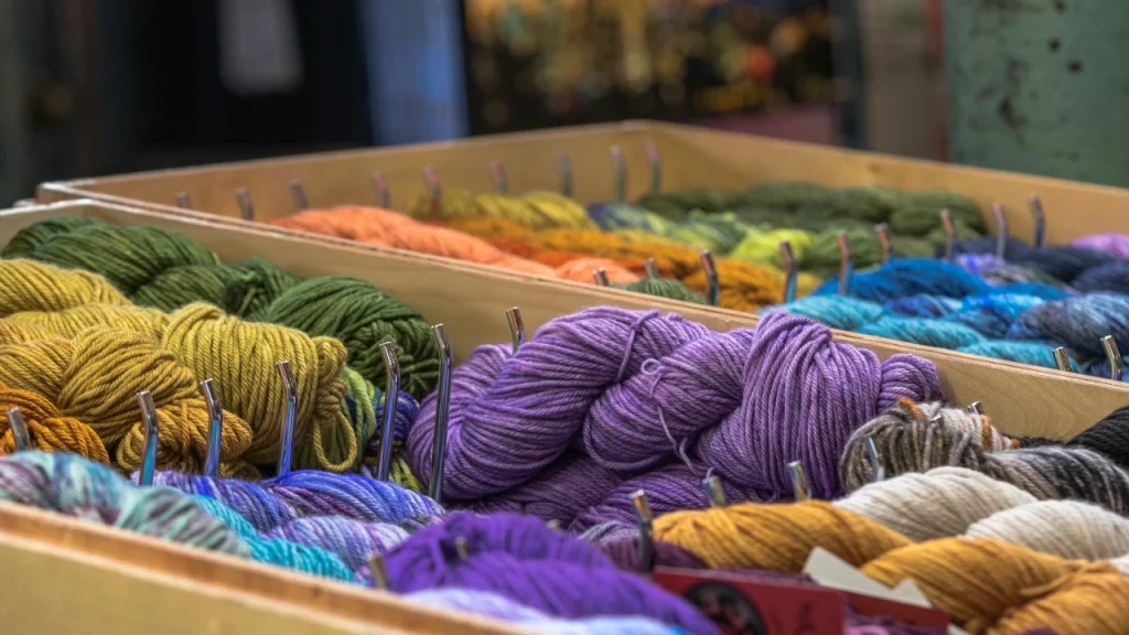 Colorful yarn skeins sorted in a wooden box for Dye Lot management.