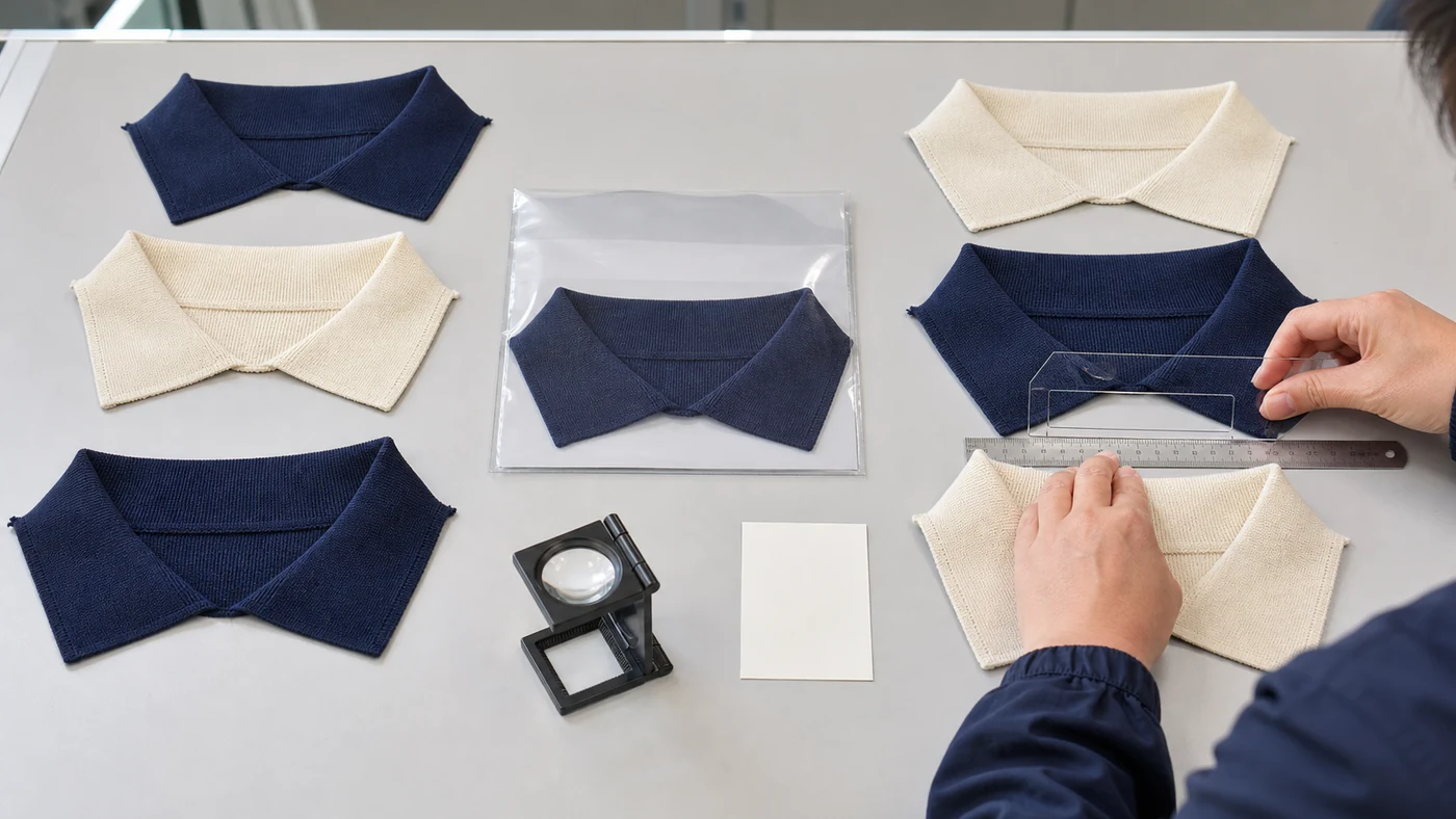Knit polo collar first-offs aligned against a sealed collar to check point length, spread and symmetry