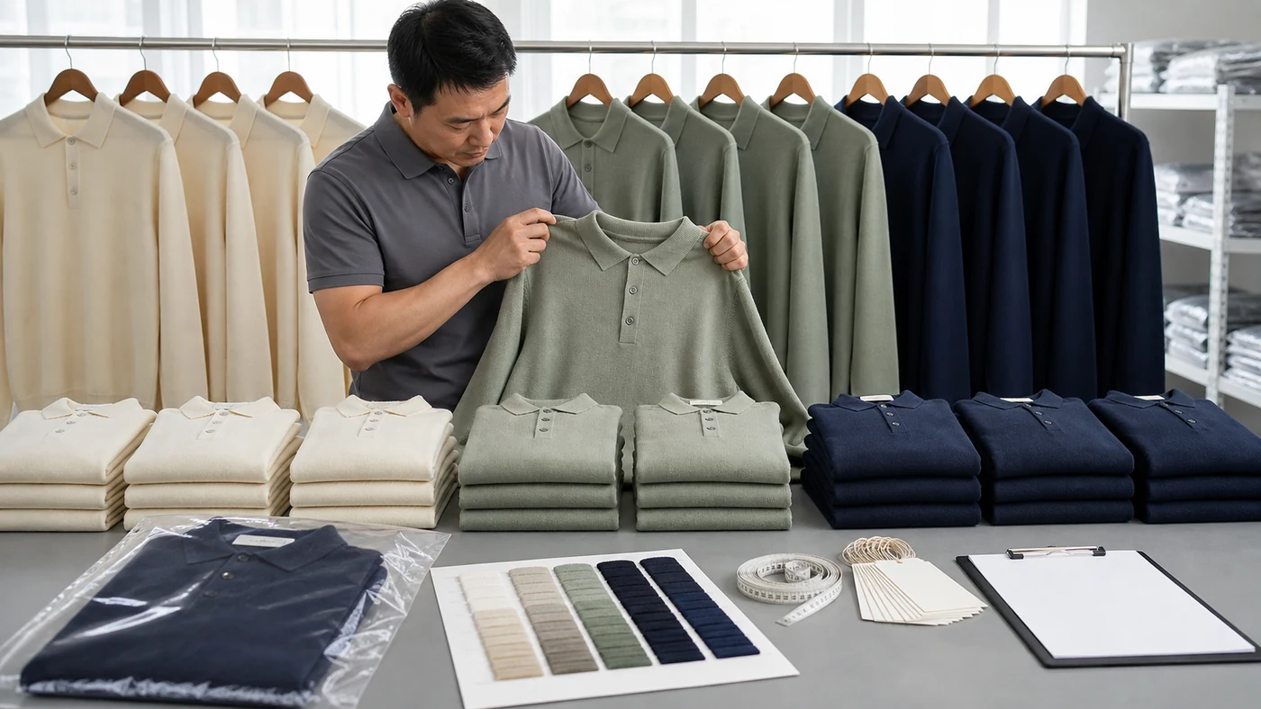 Inspector comparing finished knit polo sweaters by color and size with the sealed PP sample and batch records