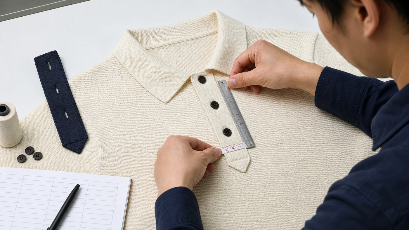 Inspector measuring knit polo placket length, overlap, button positions and buttonholes