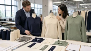 Buyer and production manager reviewing knit polo sweater first-offs, yarn lots, weight records and QC documents