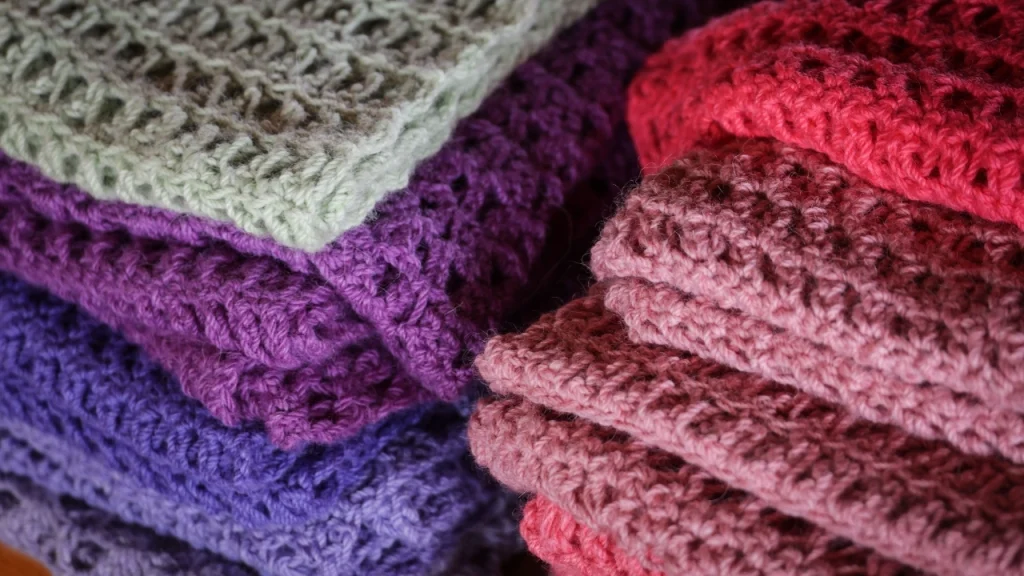 Colorful knitted fabric swatches stacked for Knitwear Production review.
