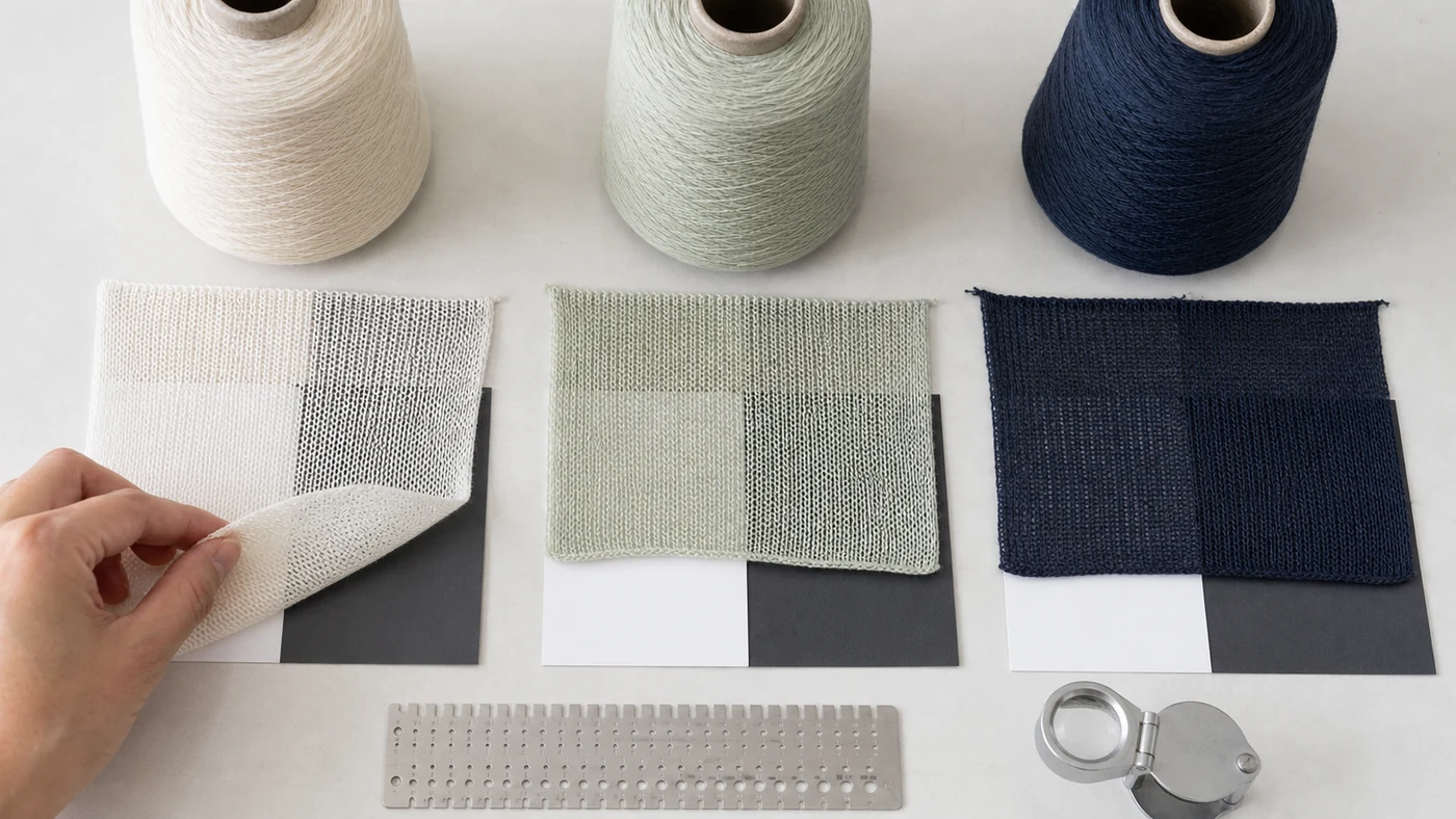 Fine yarn cones and lightweight cardigan swatches being compared over light and dark cards for gauge and opacity