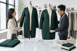 Buyer and knitwear technician comparing tall and plus long cardigan blocks on representative mannequins