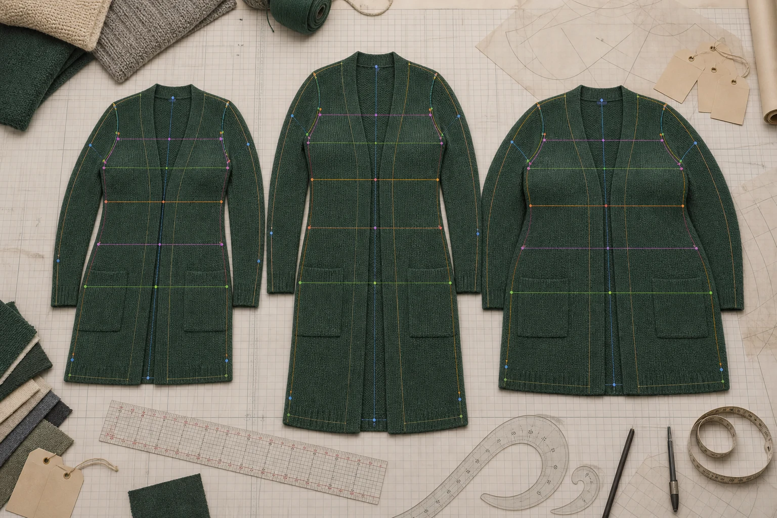 Long cardigan block map separating body measurements size intervals and finished garment dimensions