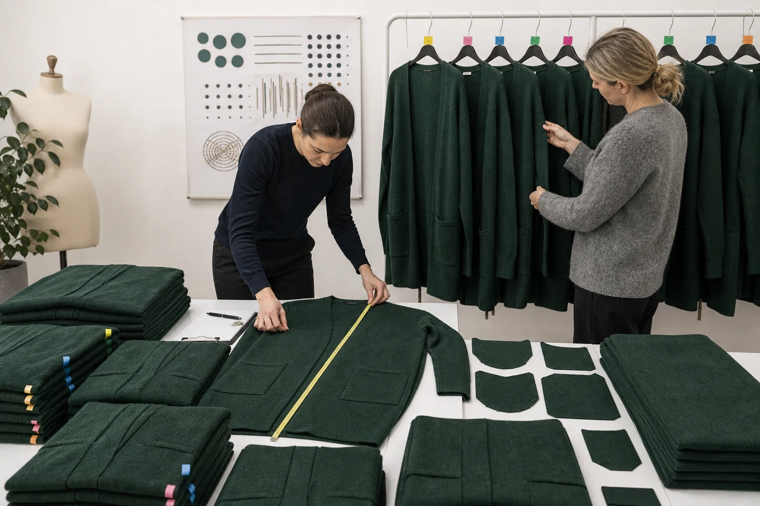 Quality team comparing conditioned tall and plus long cardigan first offs and measurement trends