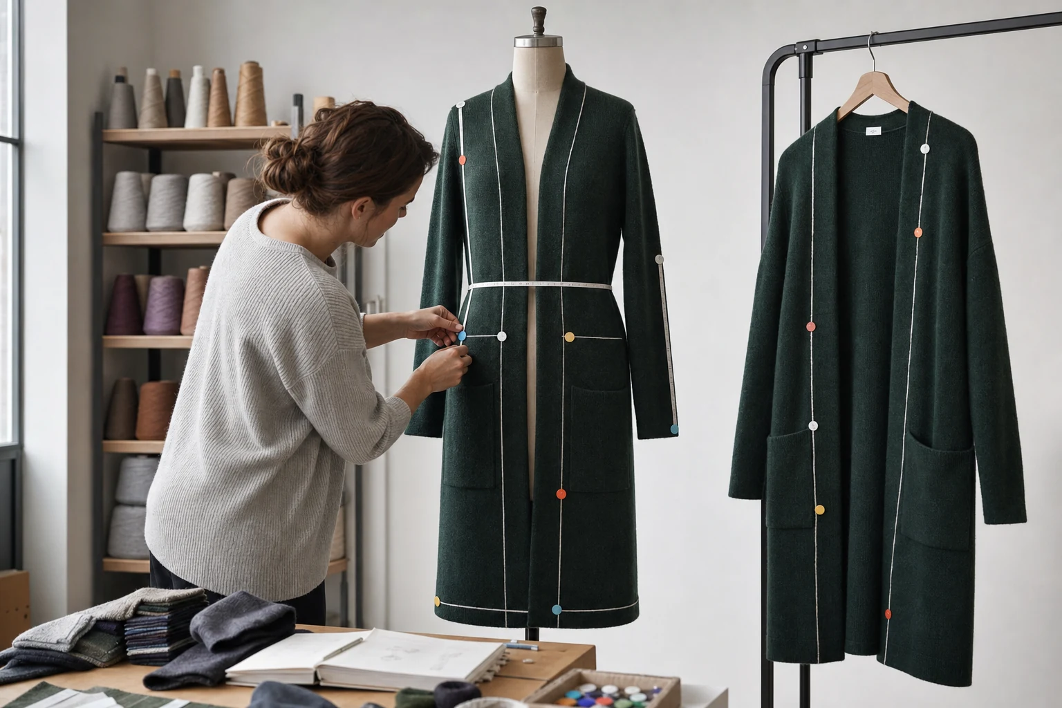 Technician checking shoulder waist pocket hem and sleeve landmarks on a tall long cardigan sample