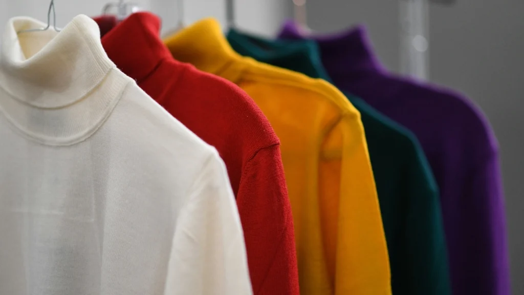 Colorful sweaters hanging on a rack as product samples from low MOQ clothing manufacturers.