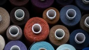 Colorful yarn and thread spools arranged for small batch apparel production by low MOQ clothing manufacturers.