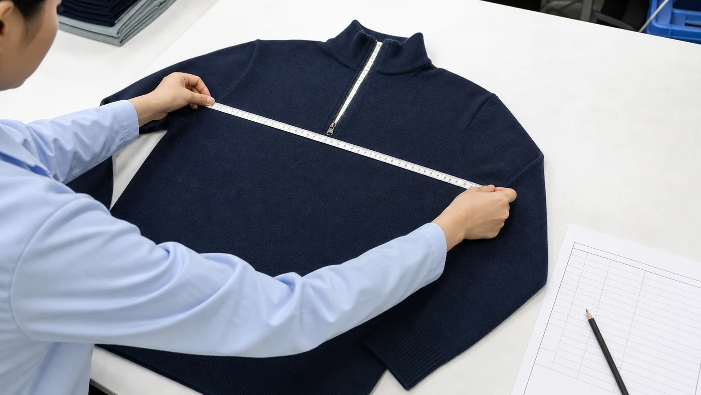 Quality-control technician measuring the chest of a merino quarter zip sweater