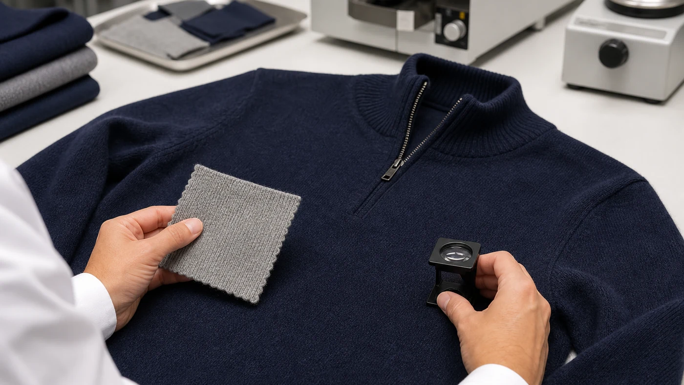 Textile technician checking a merino quarter zip sweater after wash and pilling tests