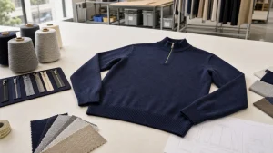 Navy merino wool quarter zip sweater with yarn swatches and zipper options on a development table