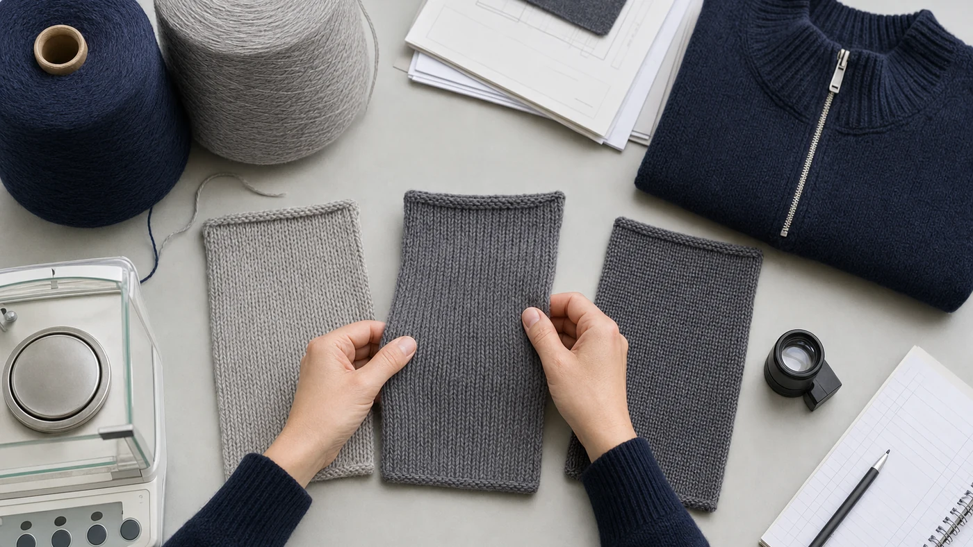 Product developer comparing merino yarn cones and knitted swatches with different stitch densities