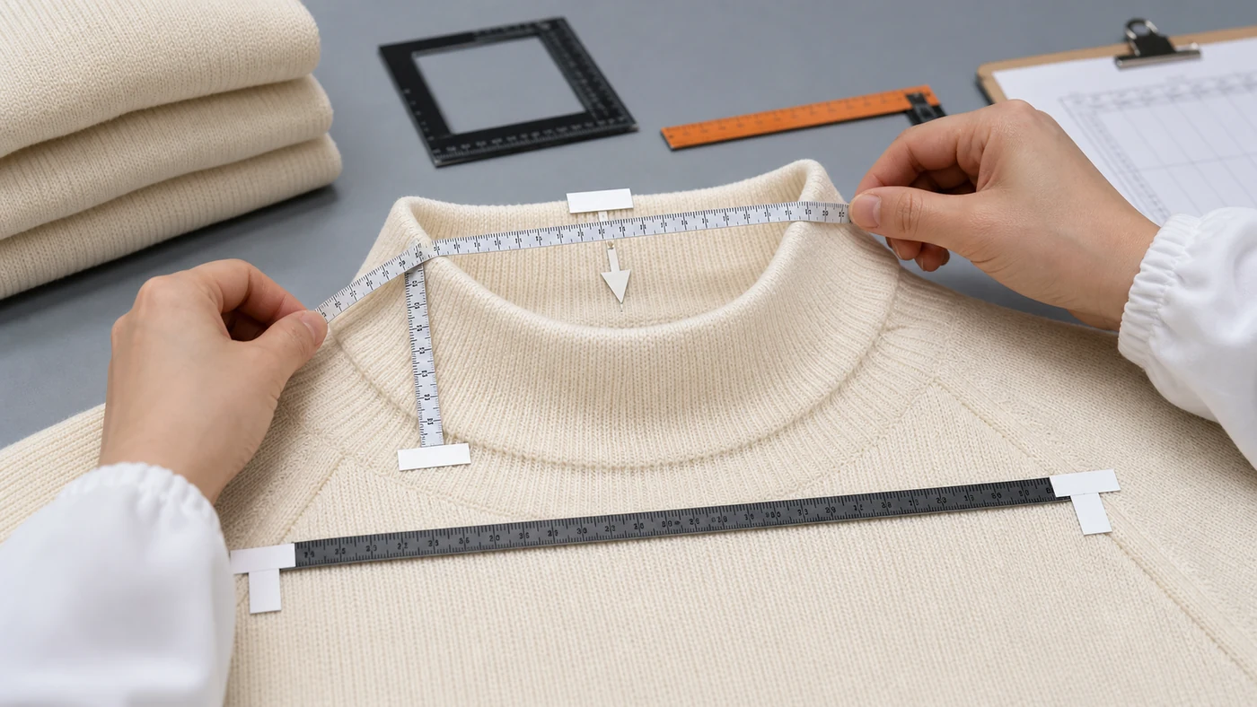 Technician measuring mock neck height, top opening, collar base and symmetry on an ecru pullover sweater