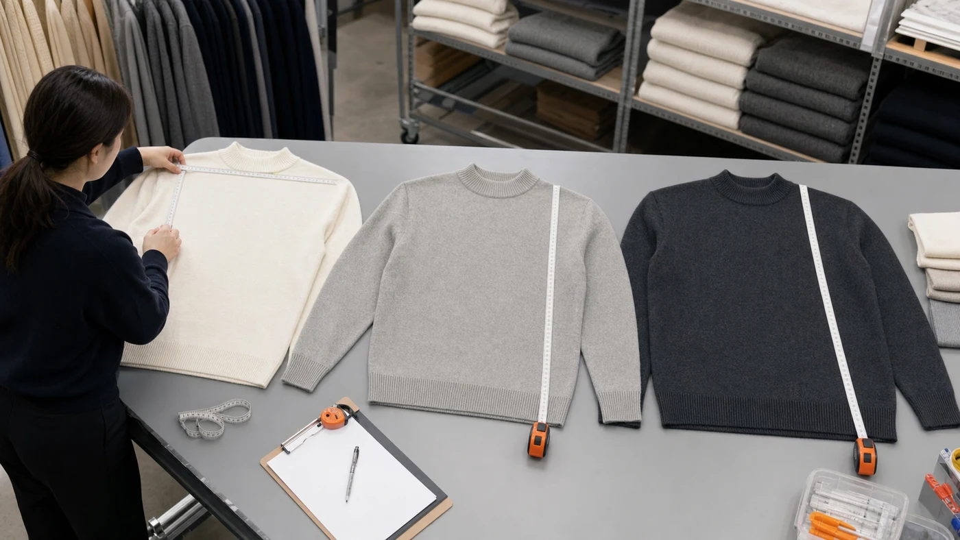 Three mock neck pullover sizes compared for collar position, shoulder, chest, sleeve and body balance