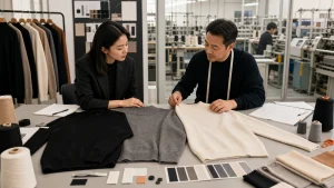 Minimalist brand buyer and knitwear technician reviewing black grey and ecru mock neck pullovers with yarn and specification materials
