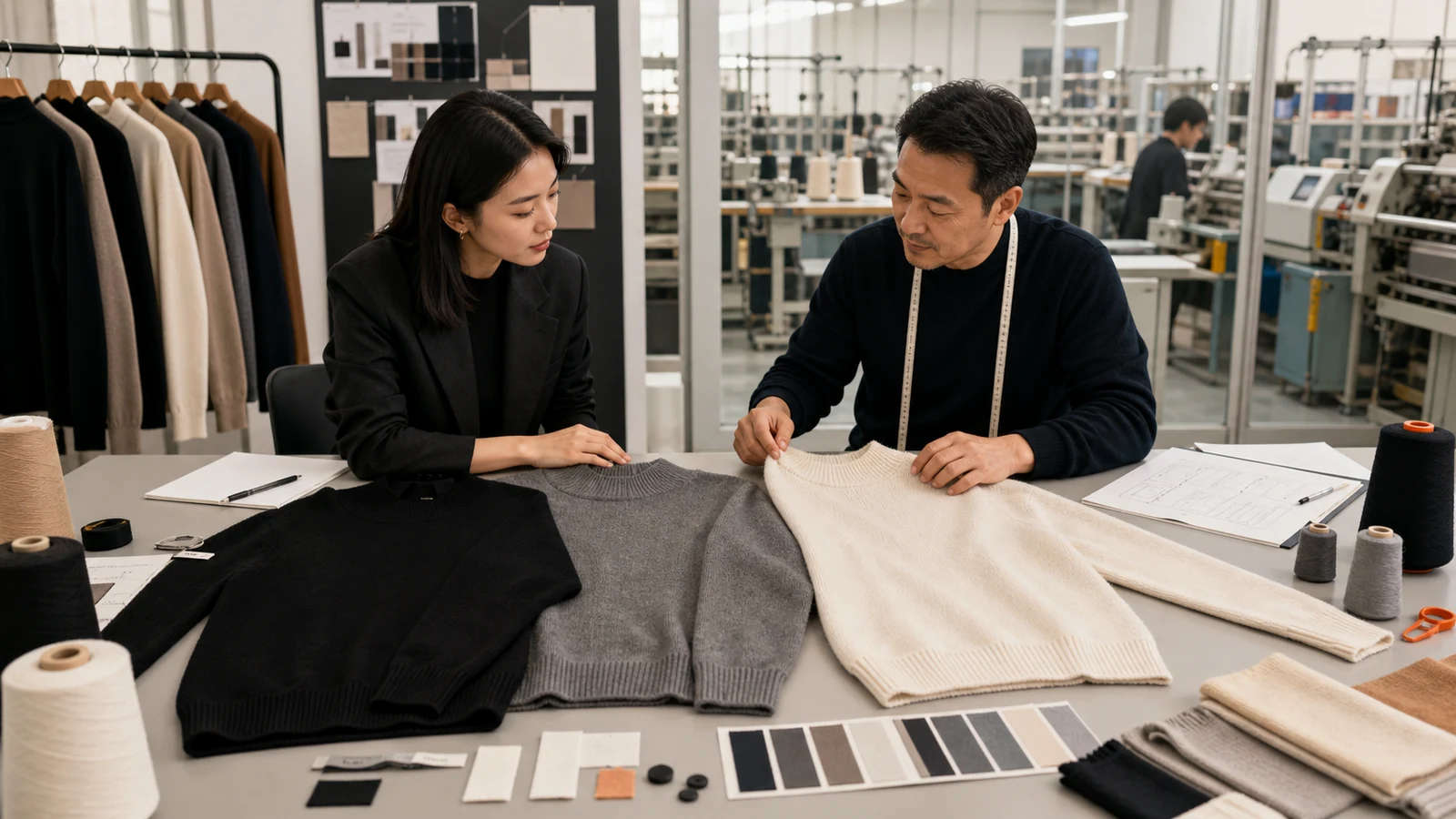 Minimalist brand buyer and knitwear technician reviewing black grey and ecru mock neck pullovers with yarn and specification materials