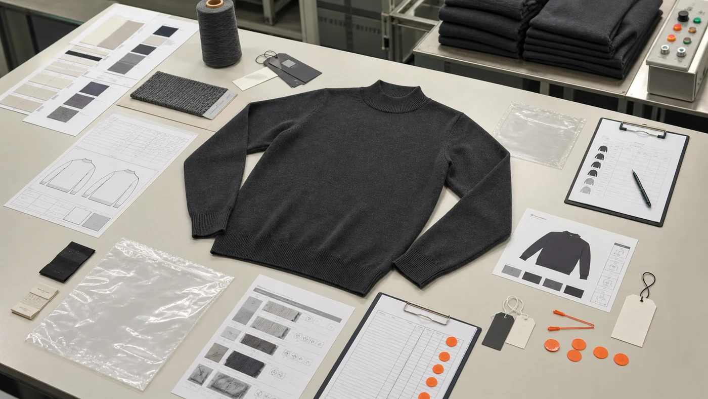 Charcoal mock neck sweater with wash report, color standard, measurements, labels and PP approval controls
