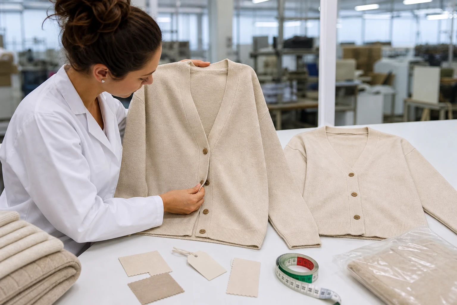 Quality technician checking an organic cotton cardigan first-off beside its retained reference and yarn lot tag